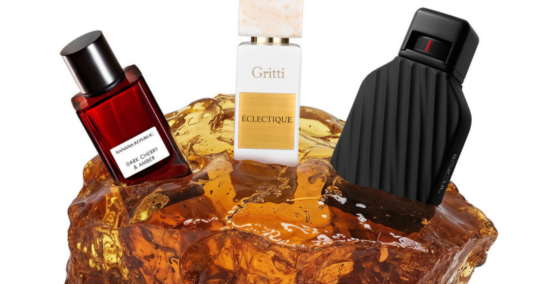Several amber based fragrances in a block of amber.