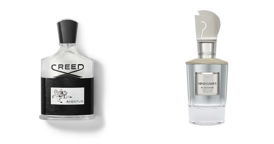 A bottle of Creed Aventue and Mind Games Blockade against a white background.