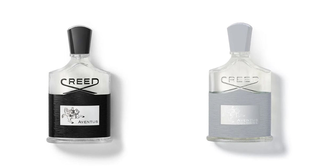 Bottle of Creed Aventus and Aventus Cologne side by side against a white background.