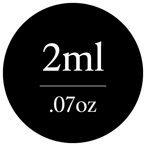 Black circle with white text '2ml' and '0.07oz' on a white background