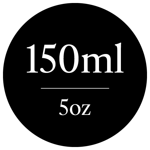 Black circle with '150ml 5oz' text in white