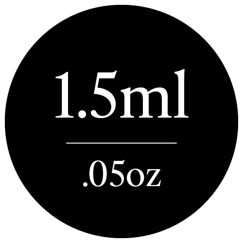 Black circle with white text '1.5ml' and line, followed by '.05oz'.