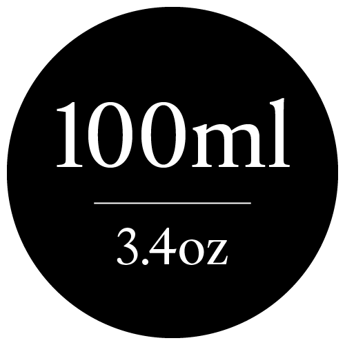 Black circle with '100ml' and '3.4oz' text