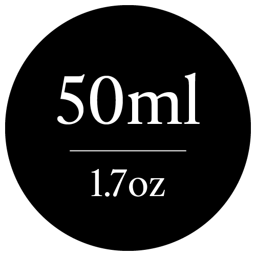 Circular label with '50ml' and '1.7 oz' text on a black background