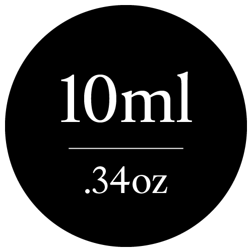 Circular label with '10ml .34oz' text on a black background